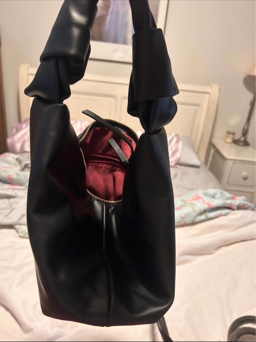 Black Knotted-Handle Mini Shoulder Bag with Burgundy Interior